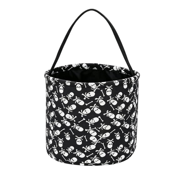 Treat Container Black Skull Print 9X9 Inch Fabric Bucket for Student Trick Or Treat Halloween Party Supplies