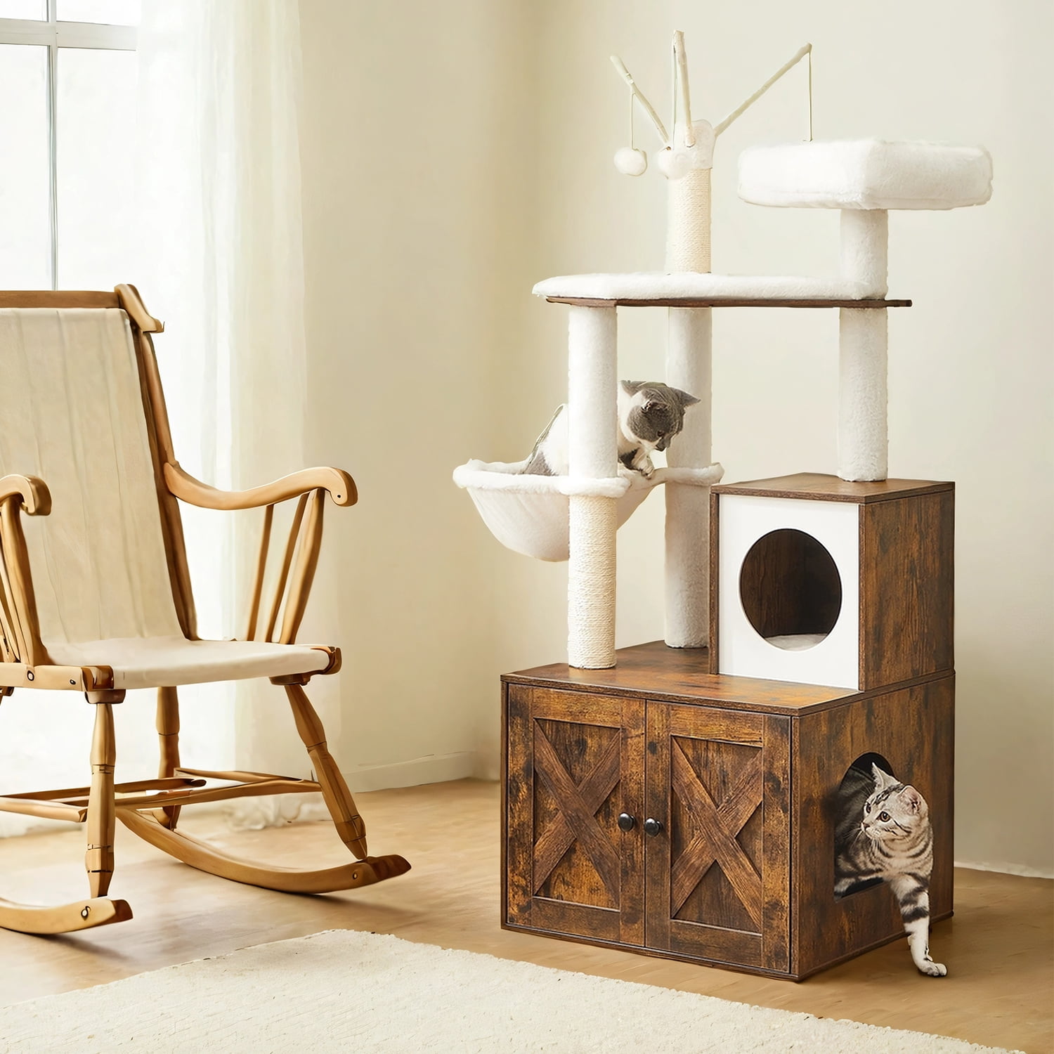 LEDREM 2-in-1 Cat Tree with Litter Box Enclosure - 55.1" Modern Cat Tower, Scratching Posts, Space-Saving Design, Rustic Brown