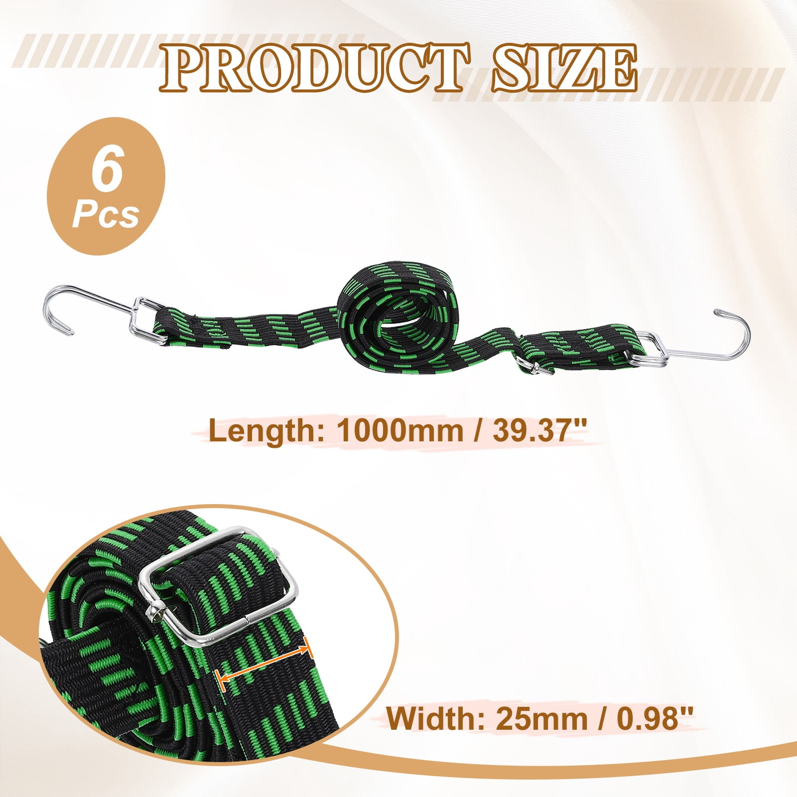 Uxcell 6 Pack Adjustable Bungee Cords with Hooks, 39 Inch Flat Heavy Duty Elasticity Straps Rubber Bungee Cords with Buckle for Outdoor, Camping, Tarp, Bike Rack, Luggage, Black Green