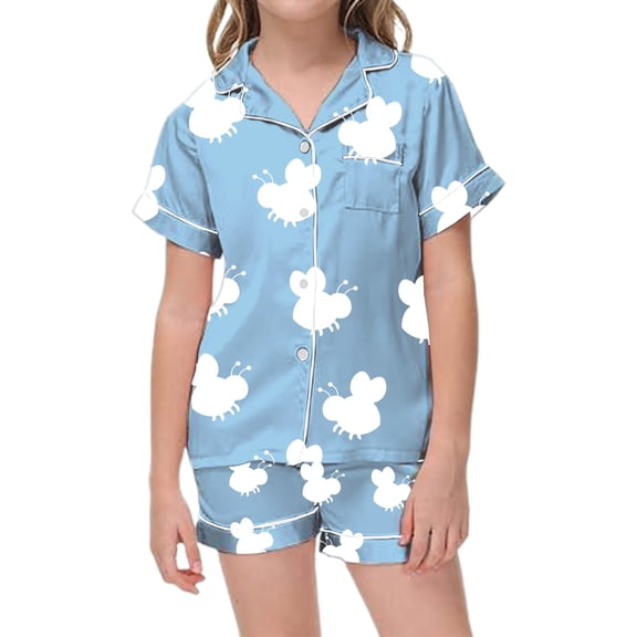 LUOGENLI Girls Pajamas Size 6/32 Girls' Print Short Sleeve Buttoned Pajama Set With Pockets (Ages 2 13) Girls Pajamas Size 31 Summer Light Blue Size 4-5 Years
