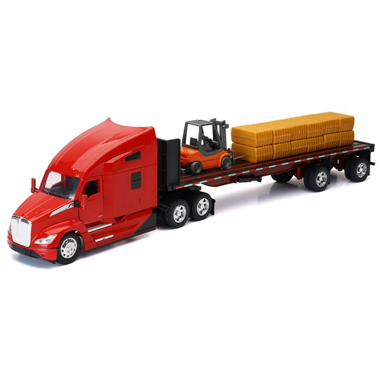 Kenworth T680 Truck Red and Flatbed Trailer with Forklift and Hay