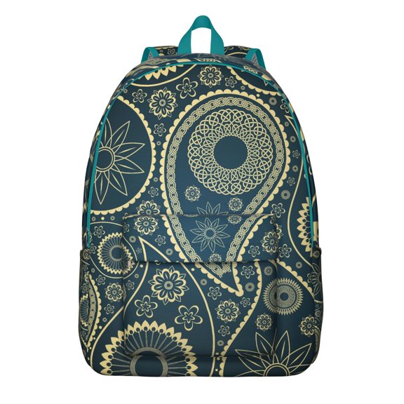 Paisley Pattern Canvas School Backpack, Artistic Floral Vintage Boho Daypack with Mandala Inspired Design