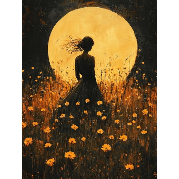 Qisvanset Framed Canvas Wall Art 12x16 Inch Moonlit Meadow Elegant Woman Romantic Canvas Art