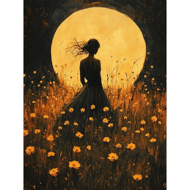 Qisvanset Framed Canvas Wall Art 12x16 Inch Moonlit Meadow Elegant Woman Romantic Canvas Art