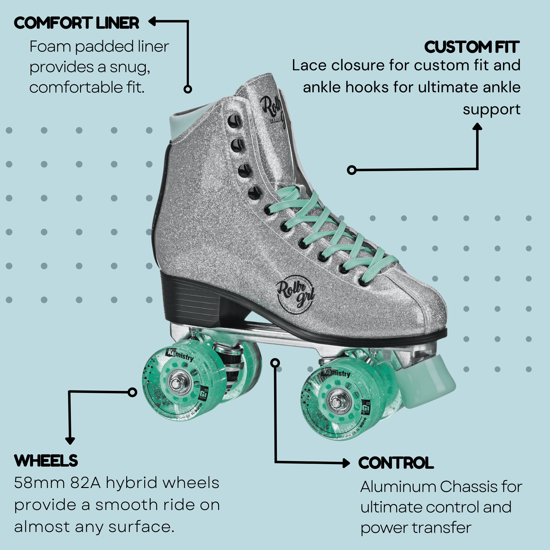 Rollr Grl Astra Glitter Roller Skates Silver/Black size 03