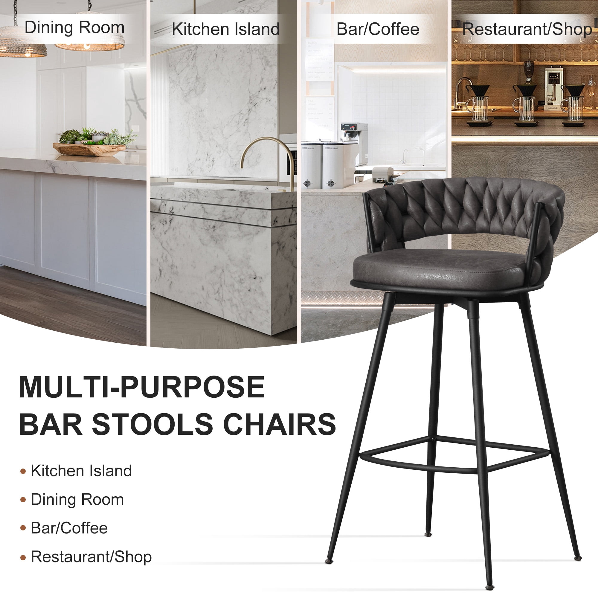 MYFUNT Bar Stools Set of 2, 26" Counter Height Stools, 180° Swivel Woven Back Barstools with Metal Footrest, Modern Bar Stools for Kitchen Island, Cafe, Pub, Blackgray