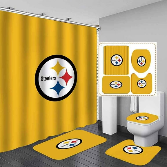4 Pcs Shower Curtain Set with Toilet Lid Cover Mat Non-Slip Rug Bath Mat and Waterproof Shower Curtains with Hooks American Sports Football Bathroom Decoration Machine Washable