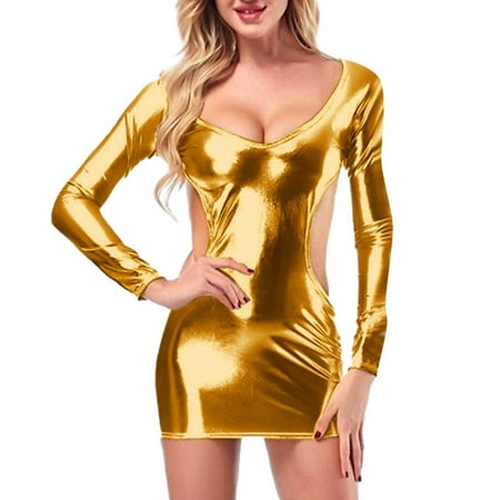 Yuhangmm Women Fashion Solid Sexy Lingerie Gold P Leather Long Seleeve Skirt Submissive Lingerie for Women Leather