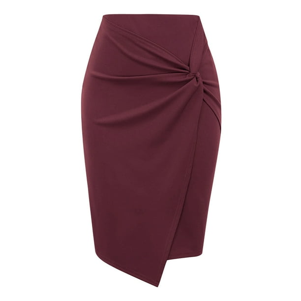 Sonducket Faldas de tubo delanteras envolventes de cintura alta clásicas y elegantes para mujeres sexys Faldas sólidas de mujer sexy Prendas para la parte inferior del cuerpo Vino rojo SG