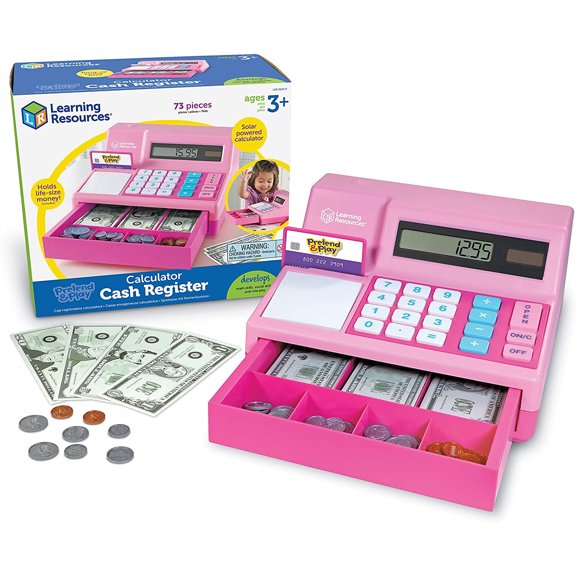 Calculadora de caja registradora de juego de simulación, Desarrolla habilidades matemáticas tempranas, 73 piezas, Edades 3+, Rosa
