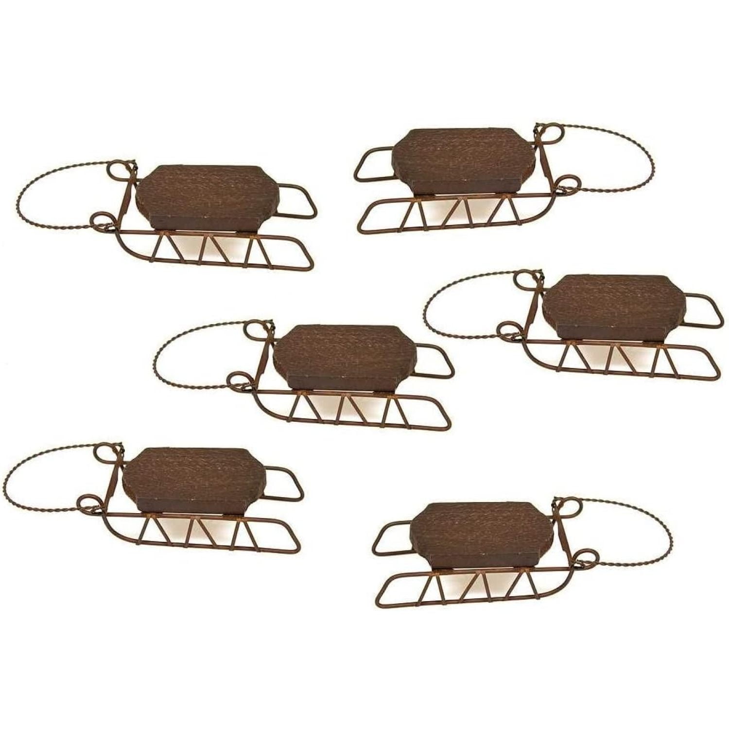 Miniature Rustic Wood Sled Christmas Holiday Decorations Set of 6 Old Fashion Metal and Wood