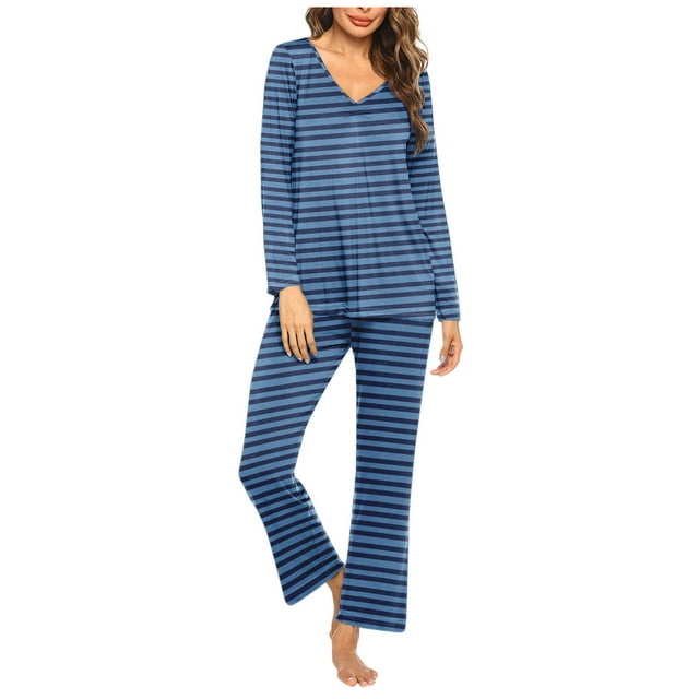 Timegard Ensembles de Pyjamas pour Femmes 2 Pcs à Rayures Manches Longues Col en V Haut Froncé et Pantalon Tenues de Pjs d'Automne