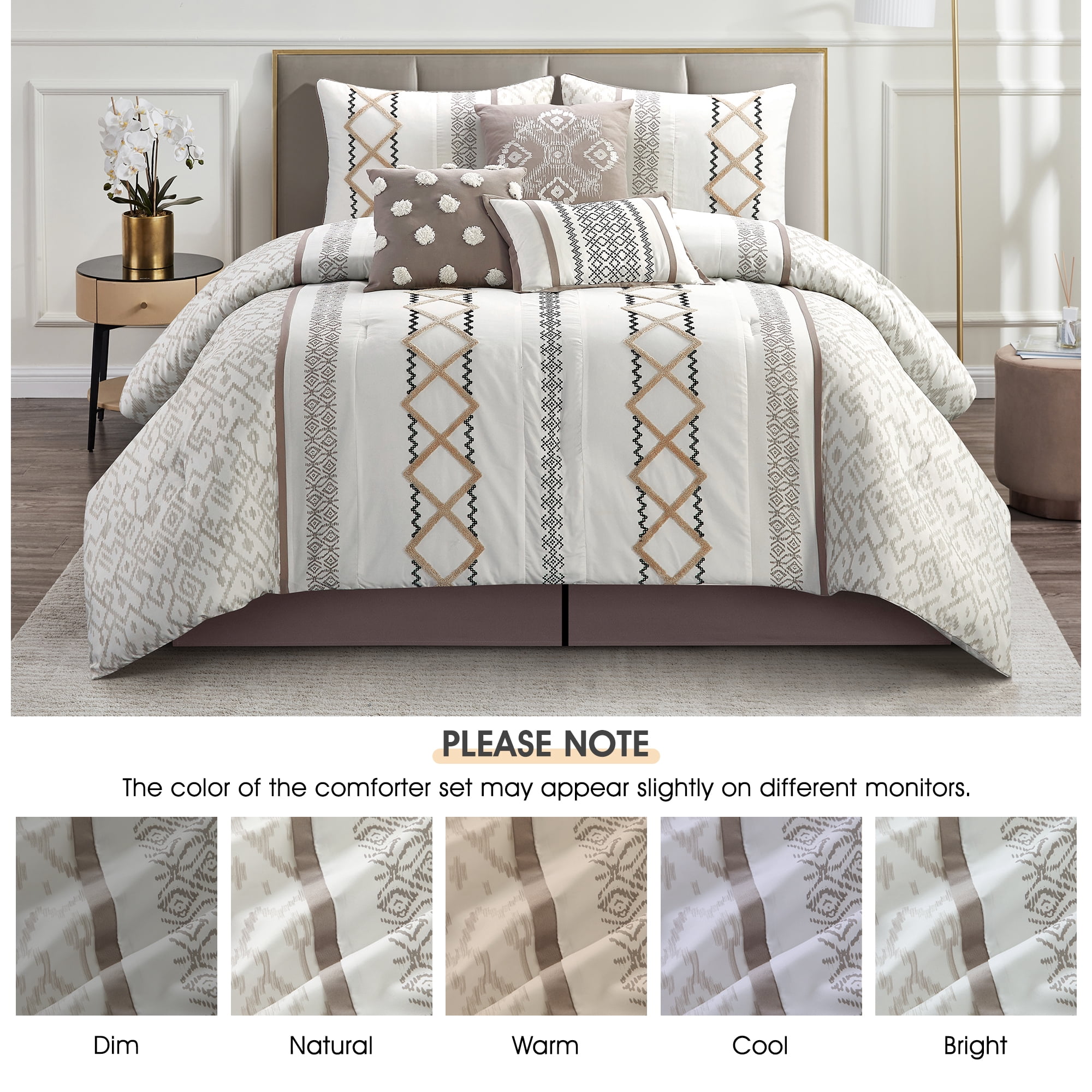 Lanco Luxury Taupe Comforter Set King Size , 15 Piece Terry embroidery, All Season Room-In-A-Bag