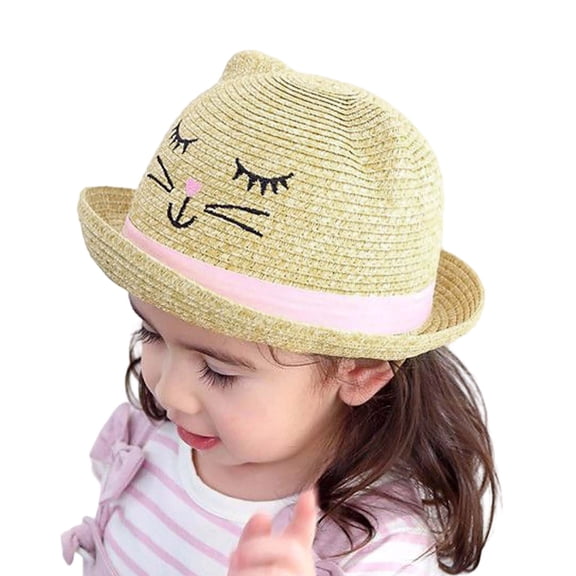 RTKFRFLM Girls Straw Sun Hat Cute Sequin Cat Ear Design Summer Beach Cap Khaki 2-3 Years
