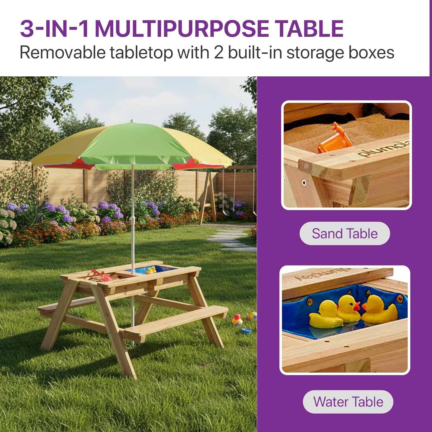 Plum® Surfside Wooden Sand and Water Table with Umbrella - Outdoor Kids Picnic Table with Adjustable Parasol and Removable Tabletop, Toddler Sensory Toys, Sturdy, Weatherproof, Easy to Clean, Ages 2+