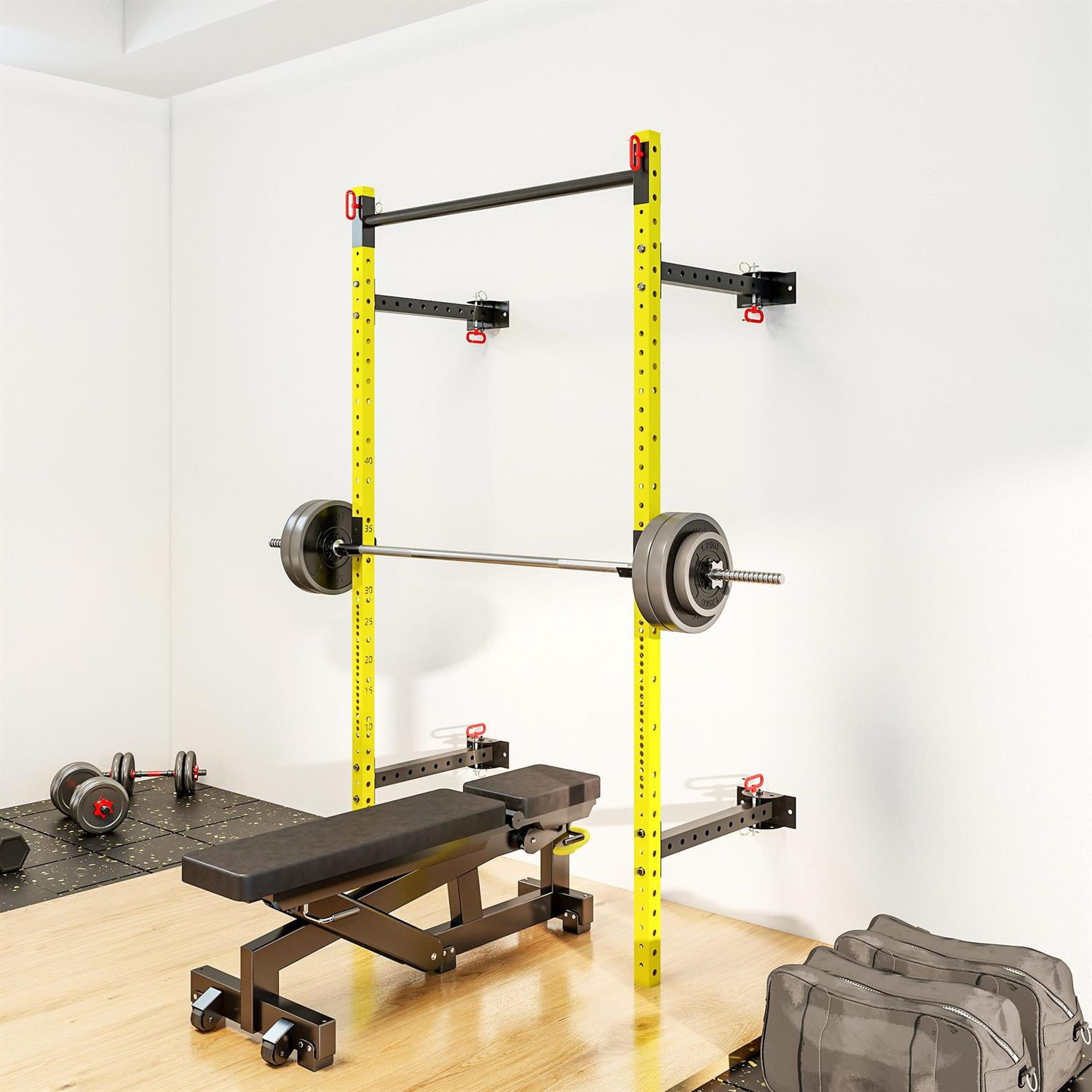 Demi Bonn Folding Squat Rack with Pull Up Bar - Wall Mounted, Adjustable 1000 LBS Capacity Power Rack ,Yellow