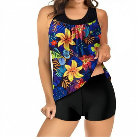 ChuanccPattern Bikini Womens Bathing Suits Tankini Bathing Suits Tankini Swimsuits Two Piece Graphic Swim Tank Top With Boyshorts Ladies Swimwear Plus Size Swimsuit For Women Black L Clearance
