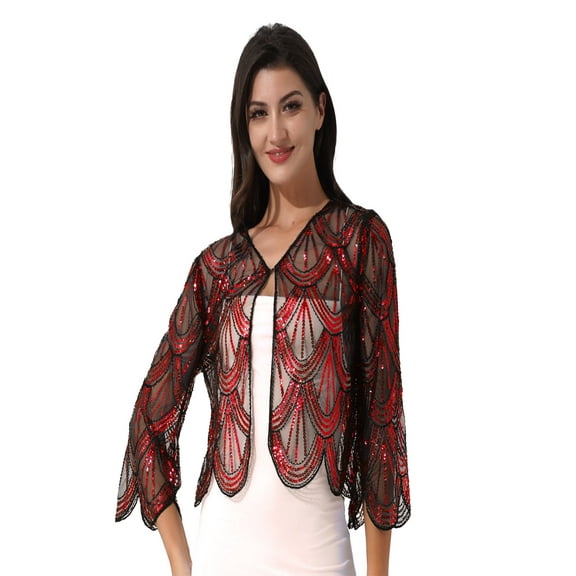 YEAHDOR Womens Hollow Lace Cardigan Long Sleeve Sequins Bolero Shrug Casual Shawl Red One Size