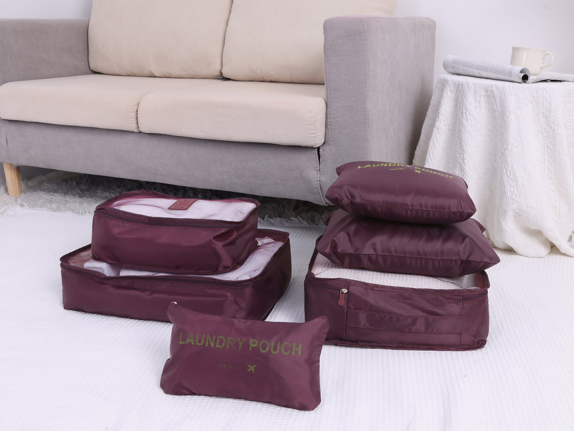 Unique Bargains 6 Set Travel Bag for Storage Closet Organizers Travel Accessories Burgundy
