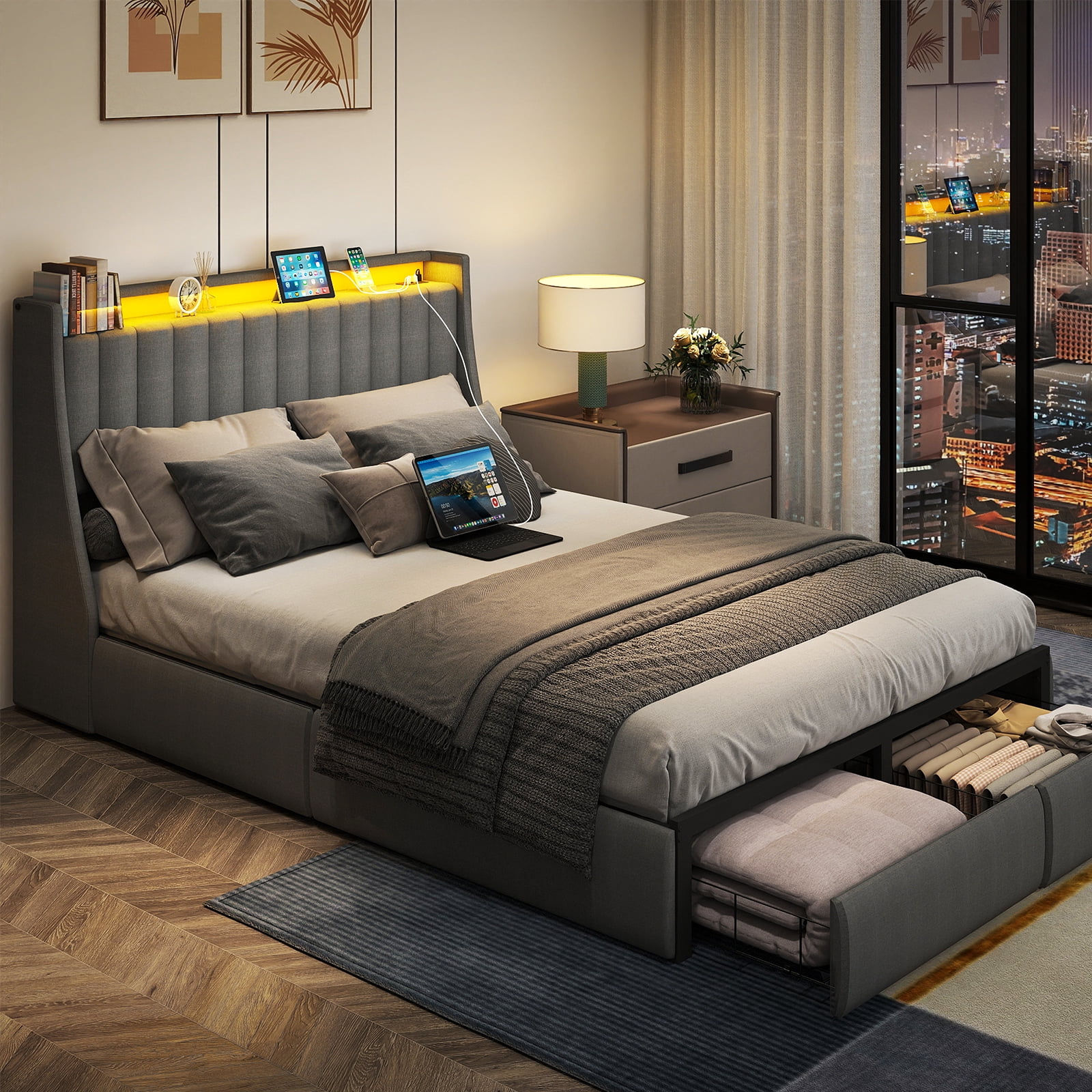 DRNANLIT Full Size Bed Frame with 2 Drawers & 2-Tier Storage Shelf Upholstered Bed Frame with Headboard & Storage & LED Lights & Charge Station, Gray