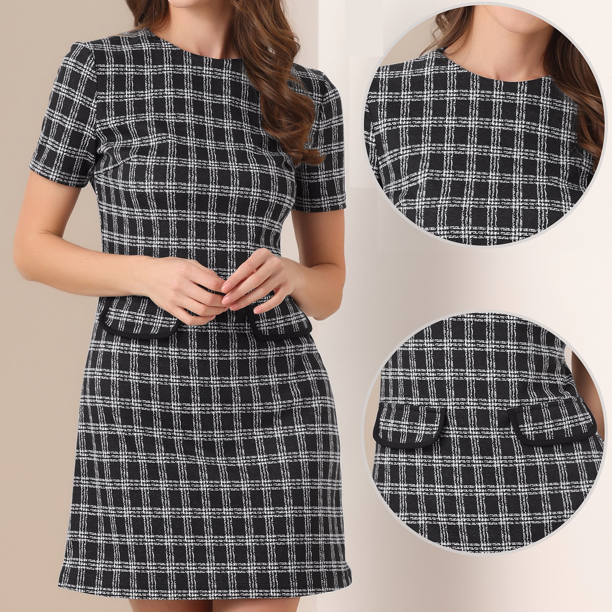 DARING DIVA Women's Dress Short Sleeve Vintage Houndstooth Dresses XS Black White
