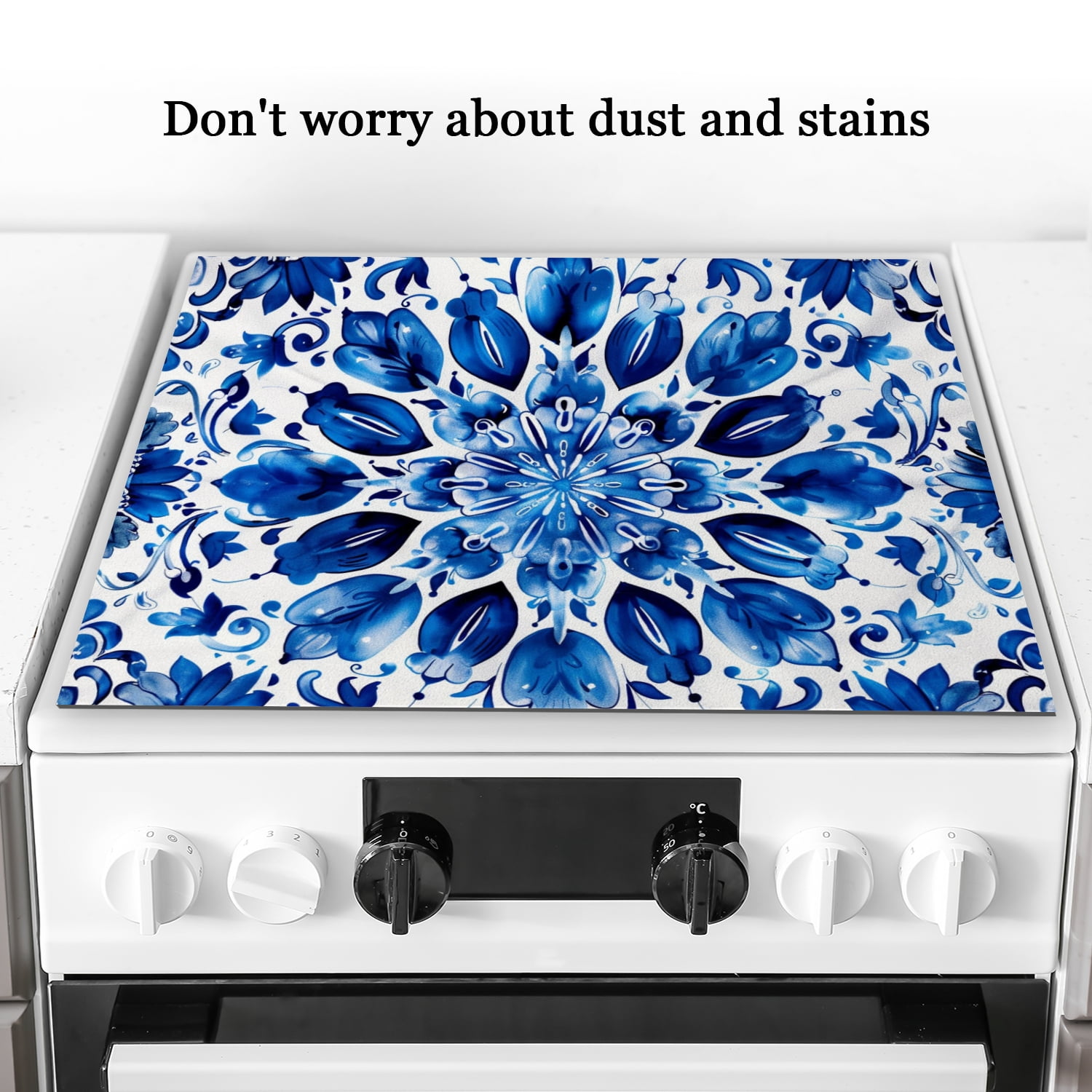 Square Burner Cover For Electric Stove, Blue And White Porcelain-Style Floral Pattern With Large Flowers Heat Resistant Glasstop Stove Covers, Decoration Mat for Kitchen RV(28×20 Inch)