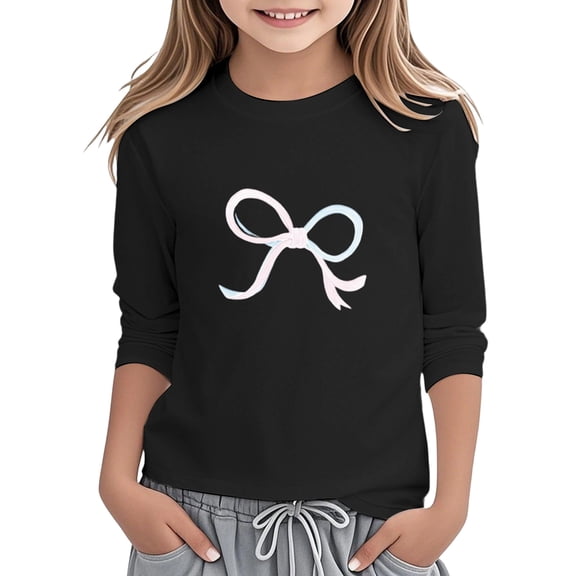 Girls Bowknot Short Sleeve Shirts Casual 3/4 Sleeves Girls Tops Size 10 Crewneck Trendy Loose Tee Shirts Holiday T Shirts Size 6-7 Years,2-Black
