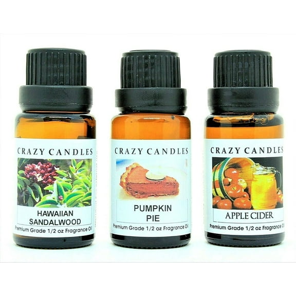 Crazy Candles 3 Bottles Set, 1 Apple Cider, 1 Pumpkin Pie, 1 Hawaiian Sandalwood 1/2 Fl Oz Each (15ml) Premium Grade Scented Fragrance Oils Made in USA