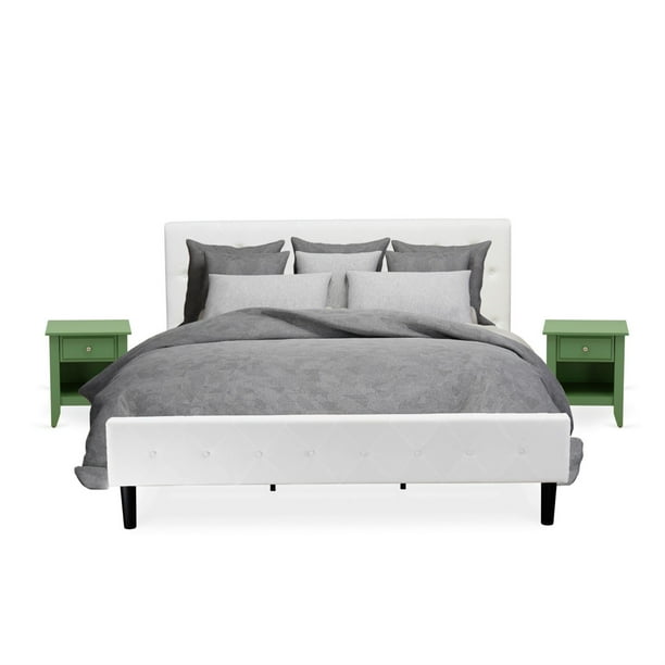 Nl19k 2ga12 3 Piece Bed Set King Size On Tufted Platform White Velvet Fabric Upholstered Headboard And A Clover Green Finish Nightstand Com King Size On Tufted Platform Bed, Fabric Bed Set King