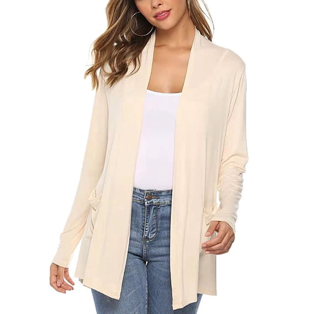 QJUHUNG Women Lightweight Summer Cardigans Open Front Casual Solid Color Long Sleeve Knit Sweater Cover Up with Pockets