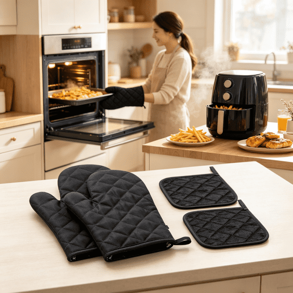 TWGRNF 4Pcs Heat Resistant Oven Mitts & Pot Holders, Quilted Cotton Kitchen Gloves for Baking Cooking BBQ(Black)