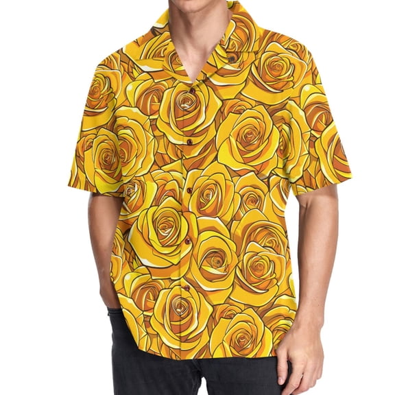 joogoo Men's Hawaiian Shirt Yellow Roses Flowers Short Sleeve Casual Button Down Shirts M