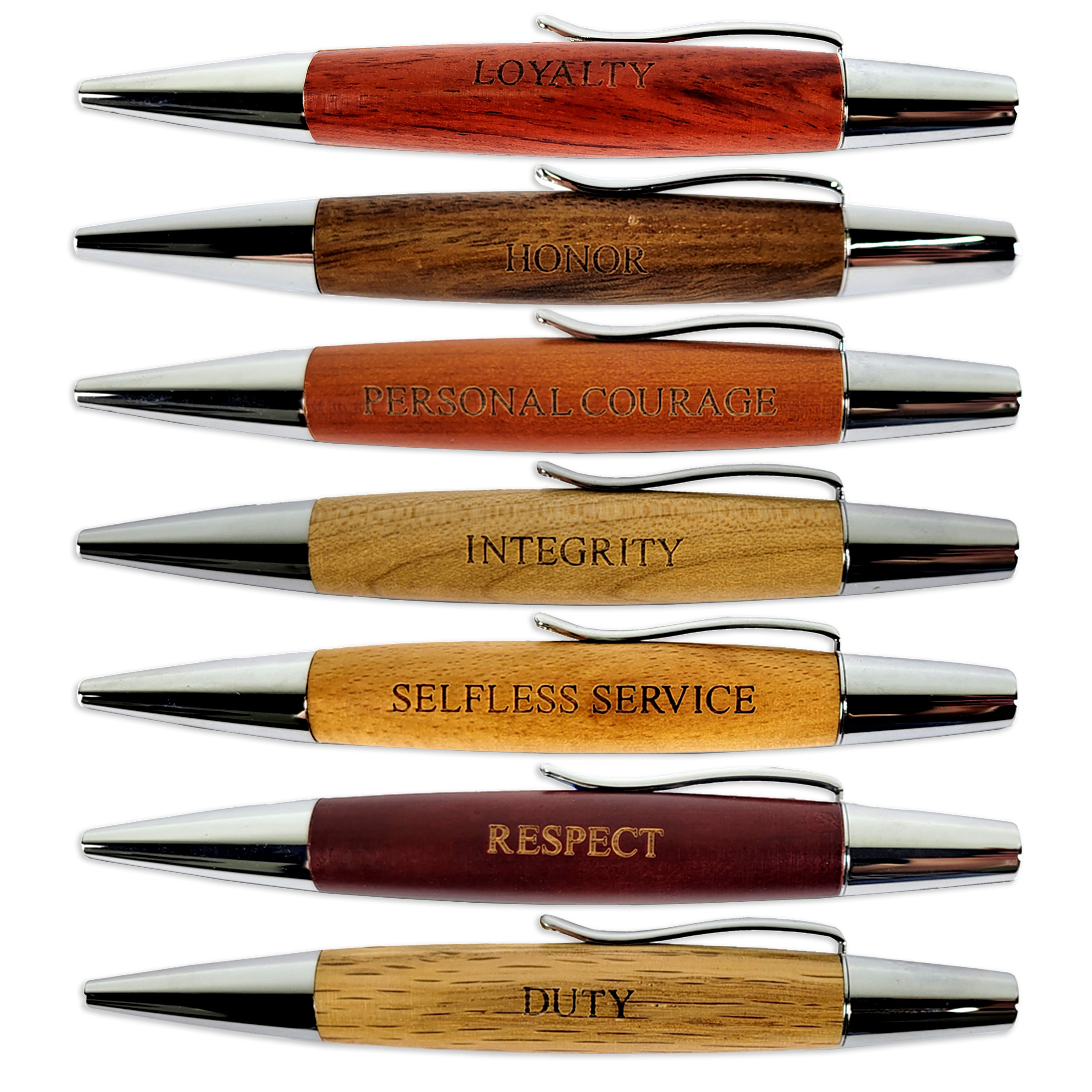 Set of 7 Engraved Wood Ballpoint Pens – Inspirational Gift Set with Affirmations: Loyalty, Integrity, Honor, Respect, Personal Courage, Selfless Service, Duty – Professional & Religious Office Gifts