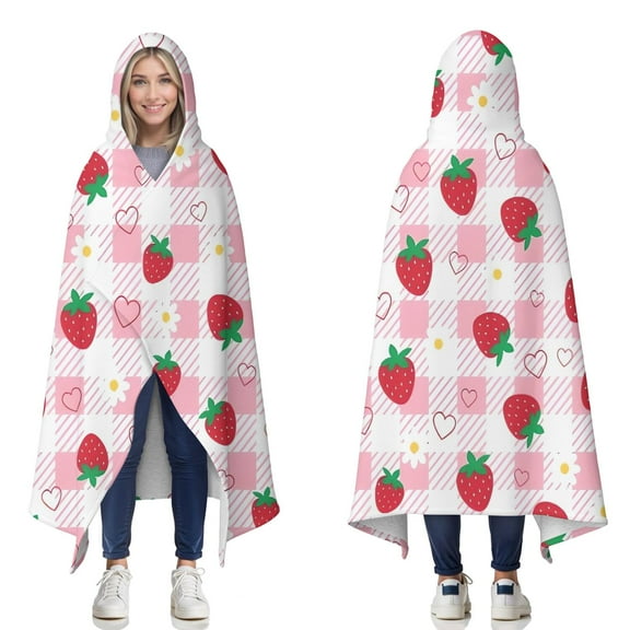 Wearable Blanket,Strawberry Plants Fruit Heart Daisy Checkered Hooded Wearable Sherpa Blanket for Adults & Teens,Winter Poncho Shawl Wrap Cape Thick Warm,50"x60"