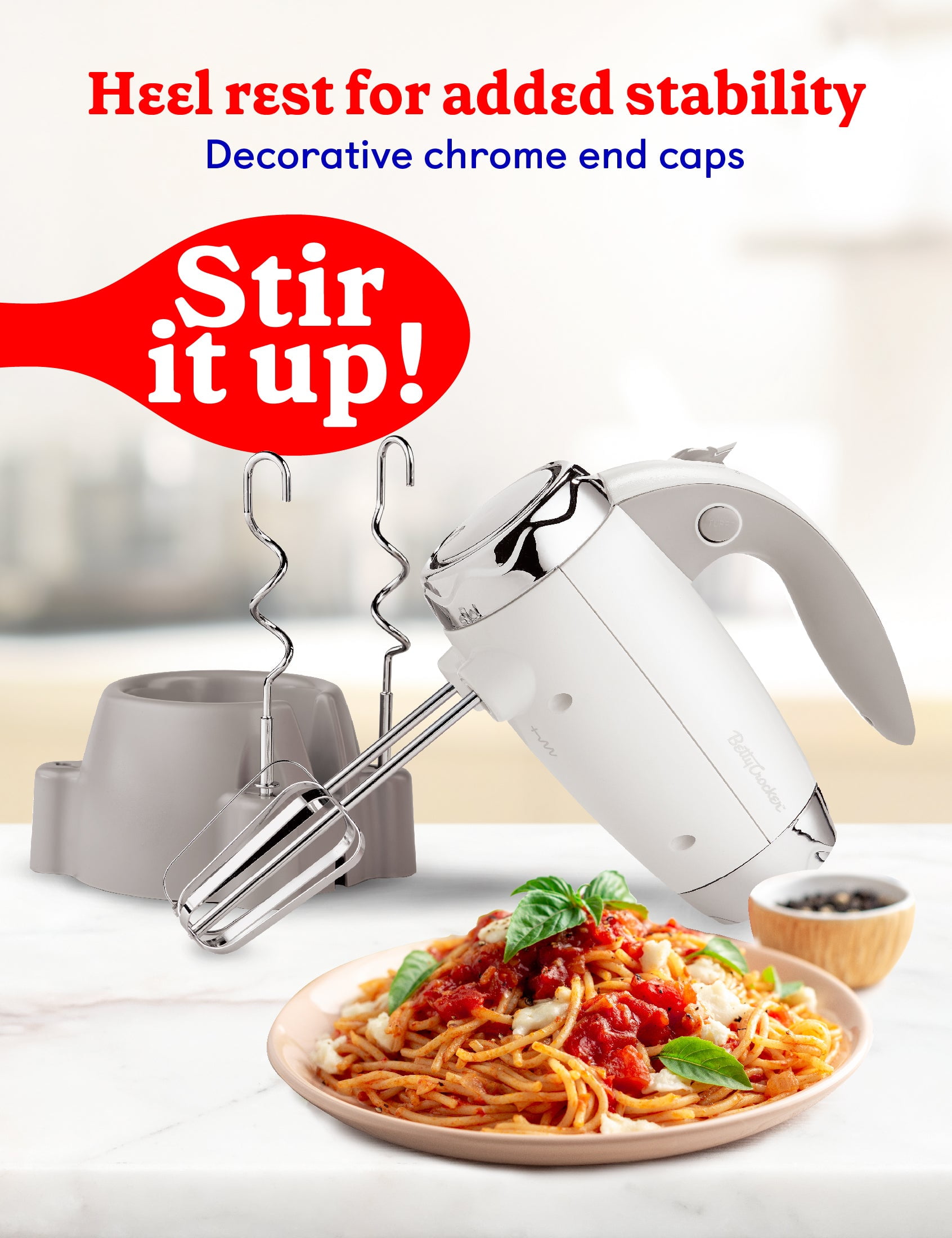 Betty Crocker 7-Speed Corded Electric Power Up Hand Mixer with Stand (White), BC-4208W