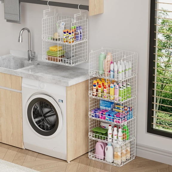 5 Tier Hanging Closet Organizer with Adjustable Dividers, Heavy-Duty Storage Shelves for Clothing, Kitchen, Laundry Room, Extra Large Baskets, 15.7" W x 11.8" D x 51" H, White