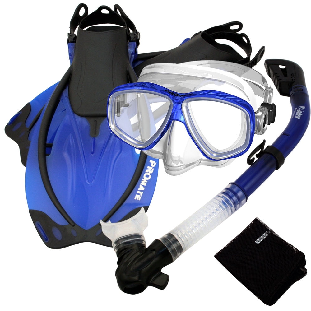 blue Open heel professional diving fins/Dry snorkel/Mask combo 