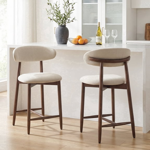 AFO 26" Upholstered Counter Height Bar Stools Set of 2, Kitchen Bar Stools With Curved Back & Wood Legs, Mid Century Modern Chairs For Kitchen Island Dining Room, Beige