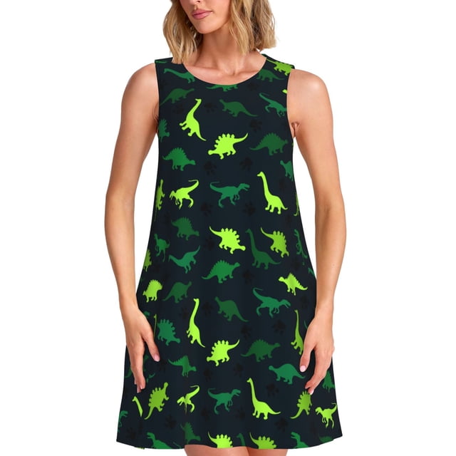 Xecao Dinosaures pour Robes d'Été pour Femmes Robes Décontractées de Plage Robes de Plage Sans Manches Robe Évasée avec Poches
