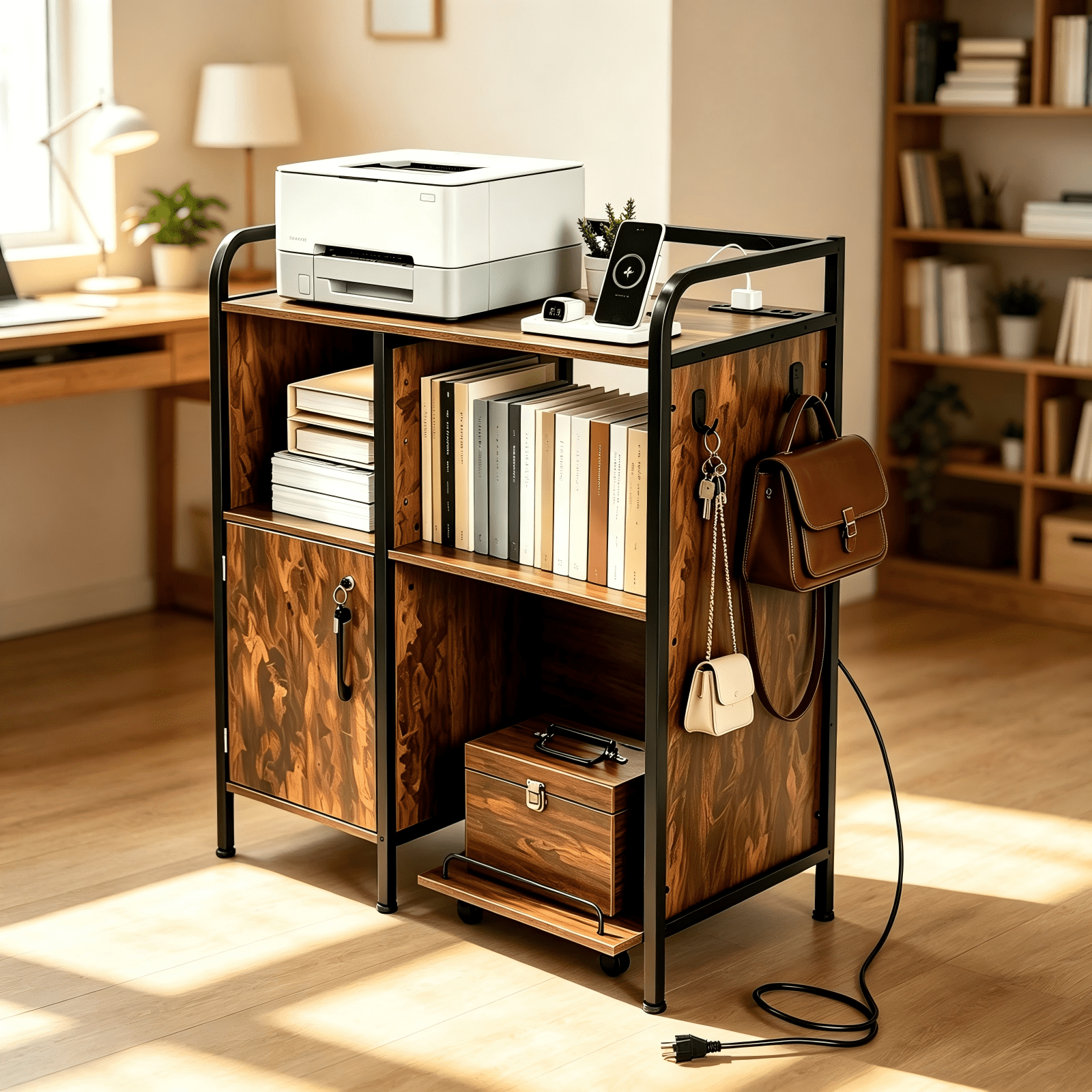 3-Tier Printer Stand with Cabinet and Iron Frame for Home Office