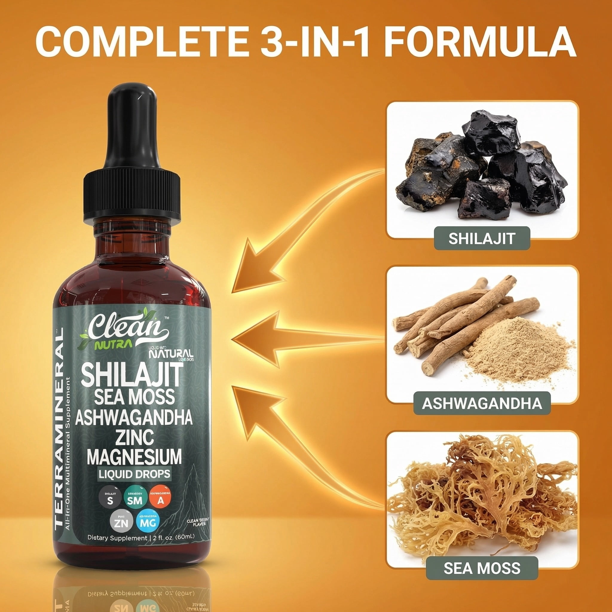 Clean Nutra Terra Mineral Shilajit Liquid Drops with Sea Moss, Ashwagandha, Zinc and Magnesium - Liquid Vitamins for Women and Men