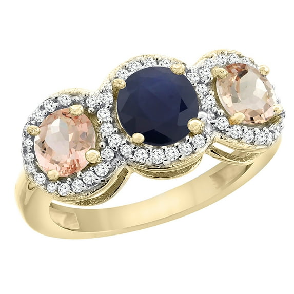 14K Yellow Gold Natural High Quality Blue Sapphire & Morganite Sides Round 3-stone Ring Diamond Accents, size 5.5