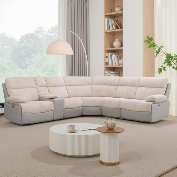 Power Reclining Sofa Set, Fabric Sectional Couch with LED Light,Living Room Furniture Sets, Modern Power Recliner Sofa with Storage Console for Living Room Home Office (Beige&Gray)