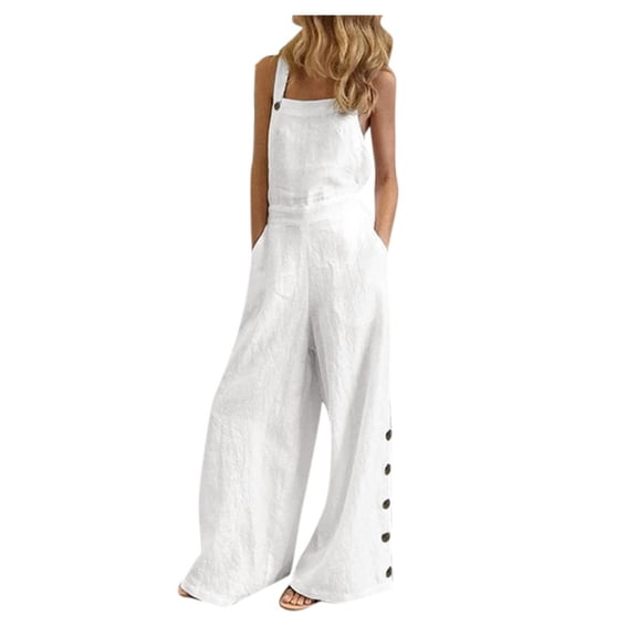 Christmas Gifts! SHENGXINY Women Summer Loose Linen Jumpsuits Solid Sleeveless Bib Overalls Siamese with Button Wide leg Pants Long Trousers Large Size