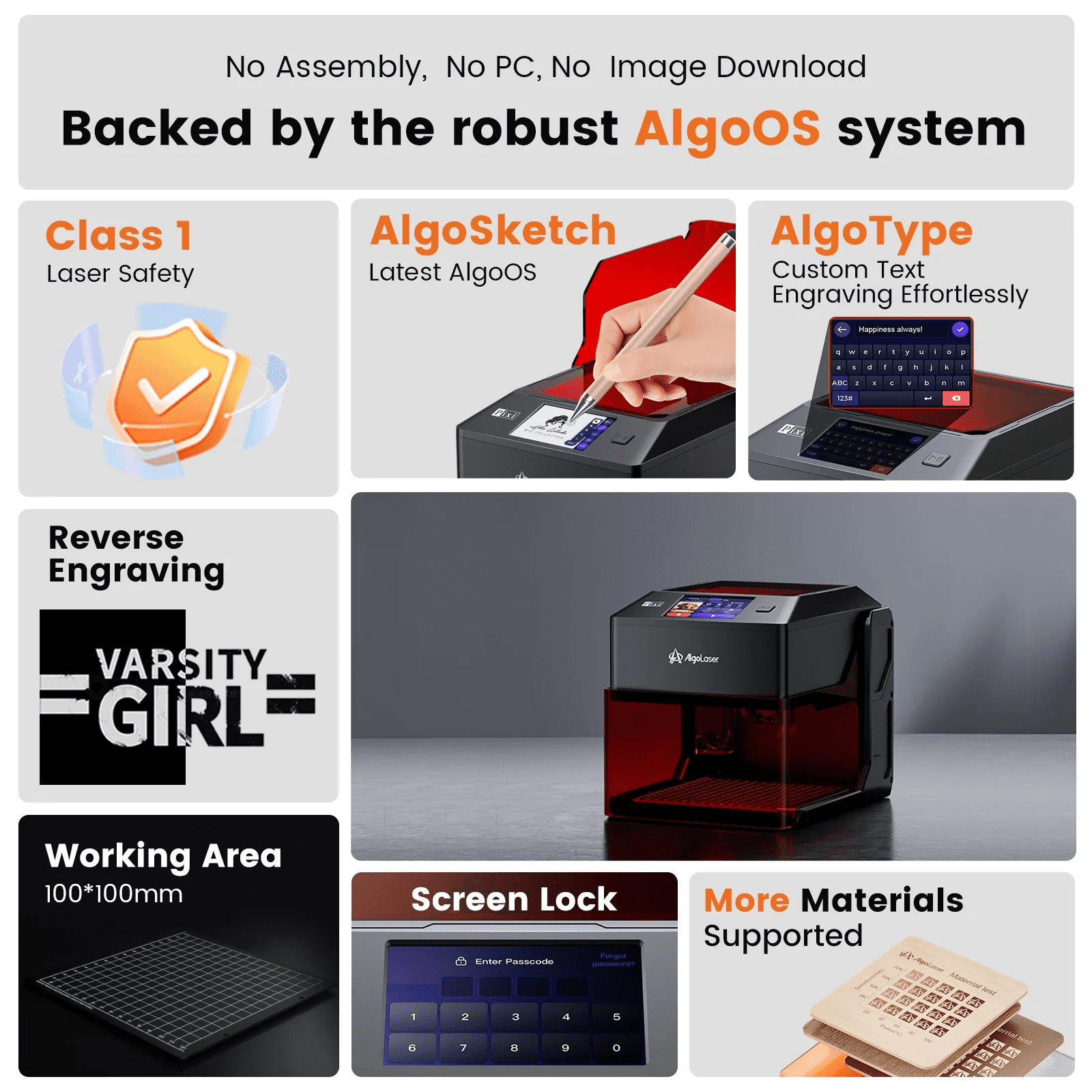 AlgoL/aser Pixi 10W Portable Smart L/aser Engraver Machine with 3.5" Touchscreen & 3.0 AlgoOS System - Hand Draw/Wireless Transmission/Offline - L/aser Engraving for Wood,Metal,Glass