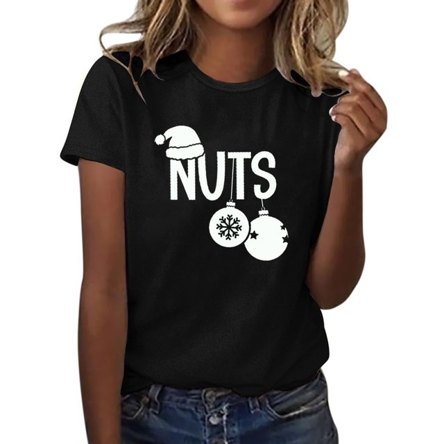 Gibobby Camisas de Navidad para mujer Camisetas informales y cómodas de manga corta con cuello redondo y navideñas estampadas multicolor de manga corta para mujer(Negro,G)