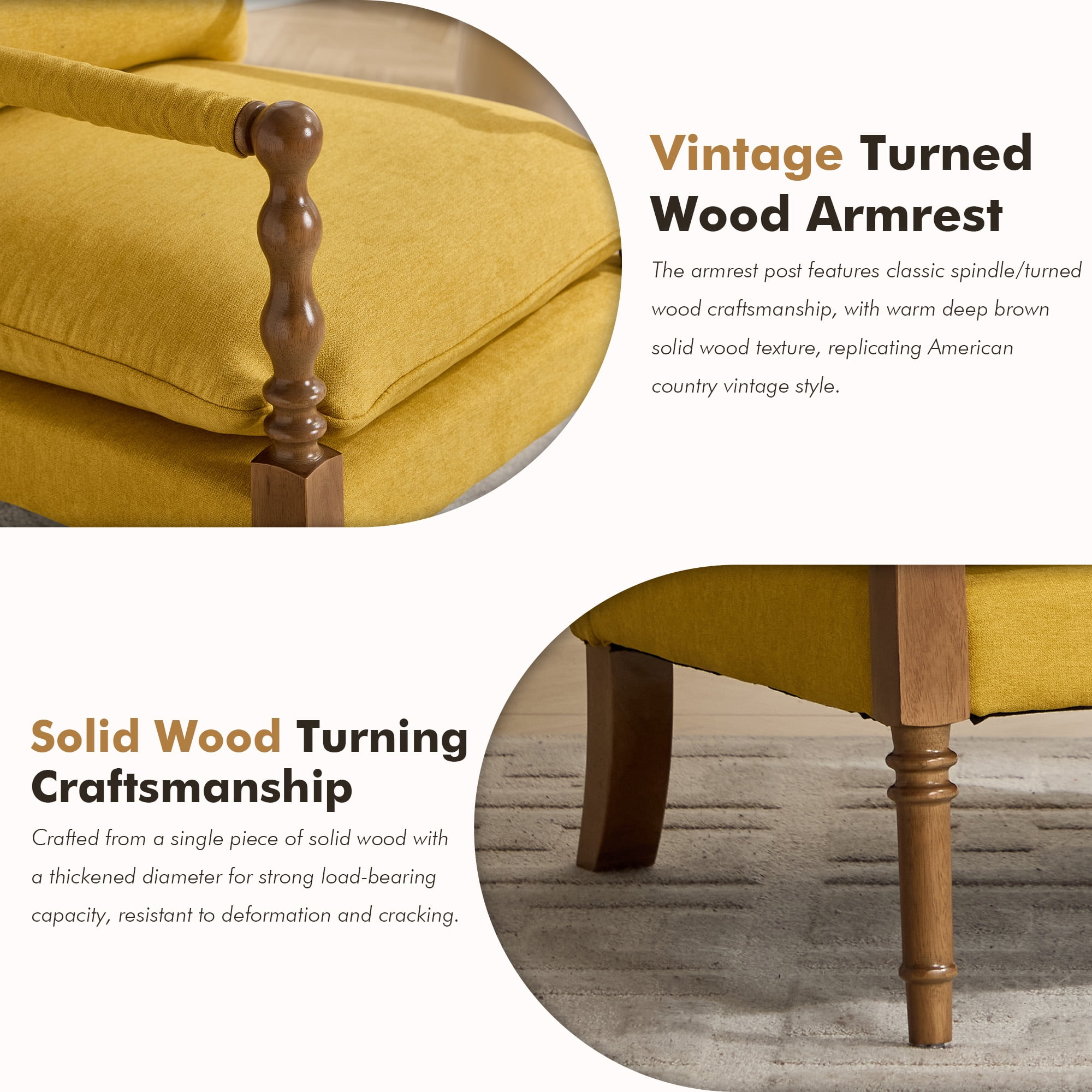 MOONMISS Vintage Spindle Accent Chair,Similar to Harper Style,Mid Century Chenille Upholstered Armchair,Yellow