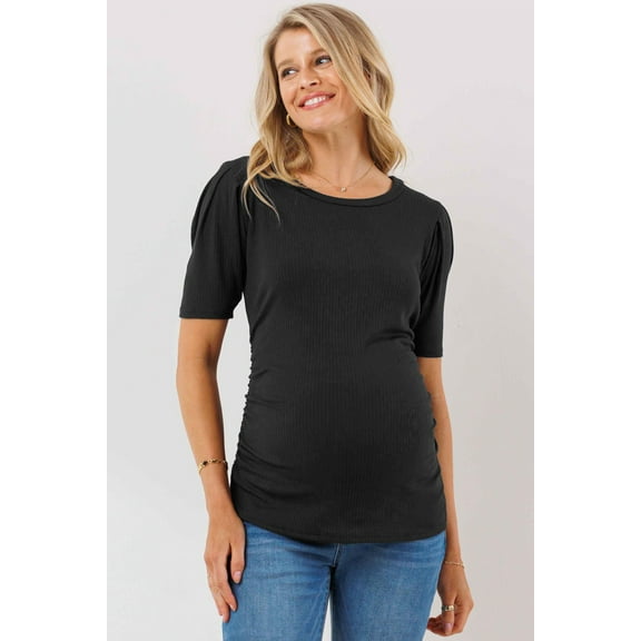 Ruched Ribbed Puff Sleeve Maternity Top