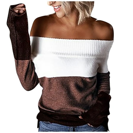 Off the Shoulder Sweaters for Women Striped Color Block Shirt Long Sleeve Cozy Jumpers Fall Knit Tops Casual Pullover