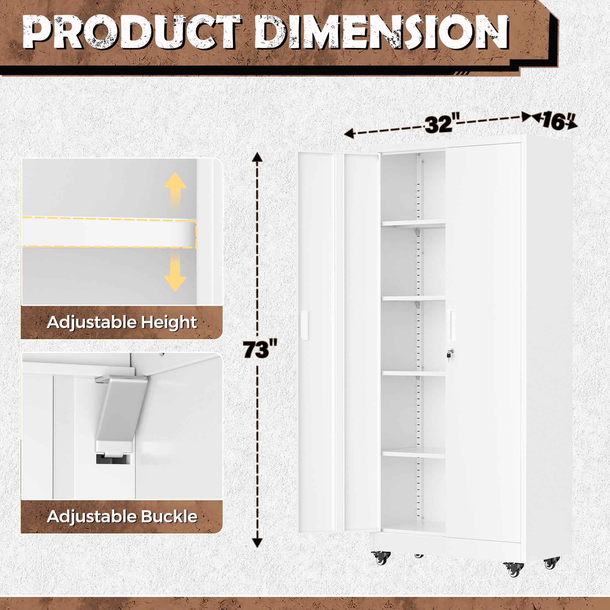 SUNCROWN Metal Garage Cabinets with Wheels,74" Rolling Storage Cabinet  and Shelves, Tall Tool Cabinet with Locking Doors for Garage,Home Office,Warehouse(White)